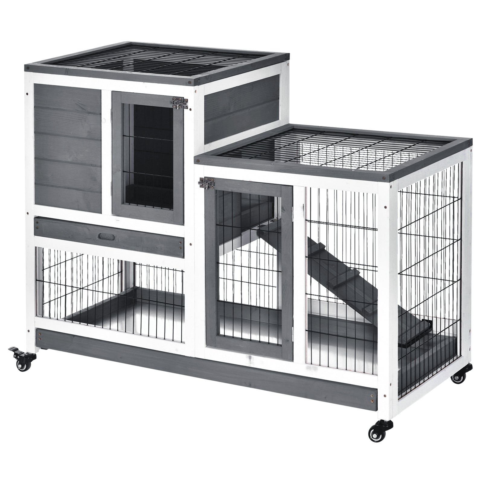 HKM-2942269 Elevated Wooden Rabbit Hutch with Enclosed Run, Removable Tray, and Wheels for Small Animals, Gray