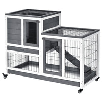 HKM-2942269 Elevated Wooden Rabbit Hutch with Enclosed Run, Removable Tray, and Wheels for Small Animals, Gray