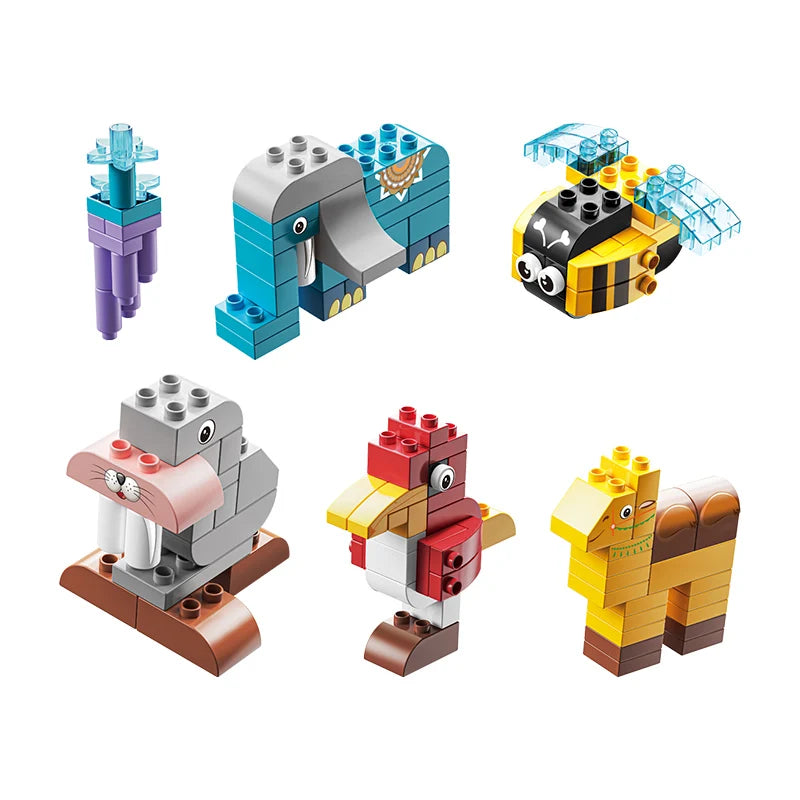 HKM-294291 6 in 1 Animal Zoo Big Particles Brick Building Toy Set with 126 Pieces and Over 20 Shapes for Ages 3 and Up