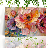 HKM-294803 Floral Canvas Wall Art with Wooden Frame - Textured Pastel Flowers for Home and Office Decor