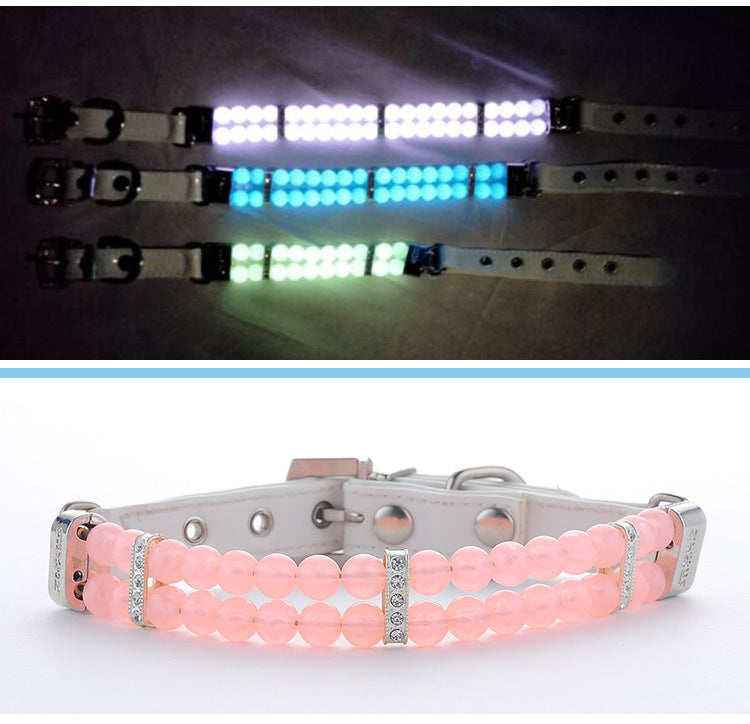 HKM-2948157 Adjustable Dog Collar with Luminous Beads - Pink, Blue, Light Green - Small to Large Sizes