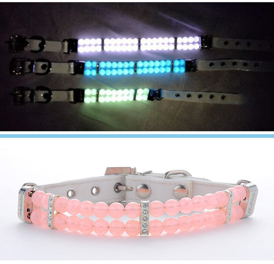 HKM-2948157 Adjustable Dog Collar with Luminous Beads - Pink, Blue, Light Green - Small to Large Sizes