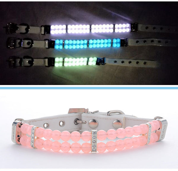 HKM-2948157 Adjustable Dog Collar with Luminous Beads - Pink, Blue, Light Green - Small to Large Sizes