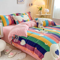 HKM-294867 Cozy Milk Velvet Winter Bed Set with Cartoon and Geometric Patterns - Four-Piece Duvet Cover, Sheet, and Pillowcases