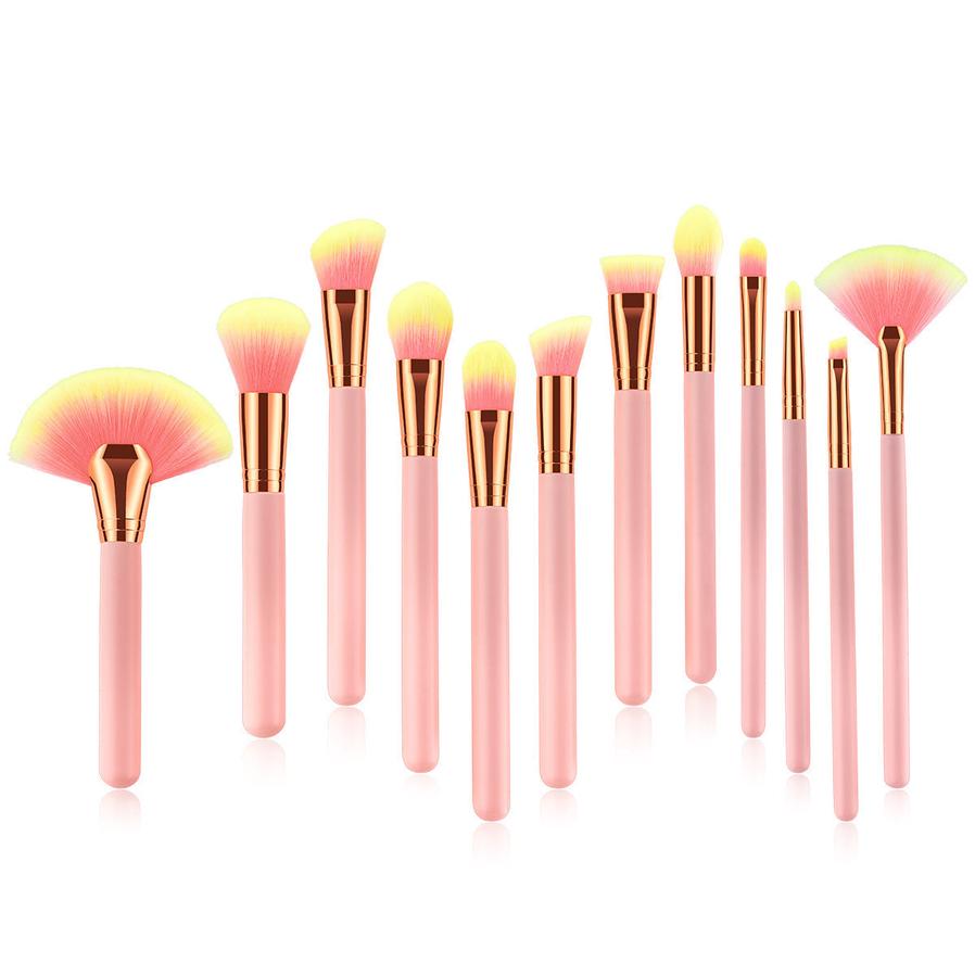 HKM-294931 12-Piece Pink Makeup Brush Set with Nylon Wool Bristles and Wooden Handles