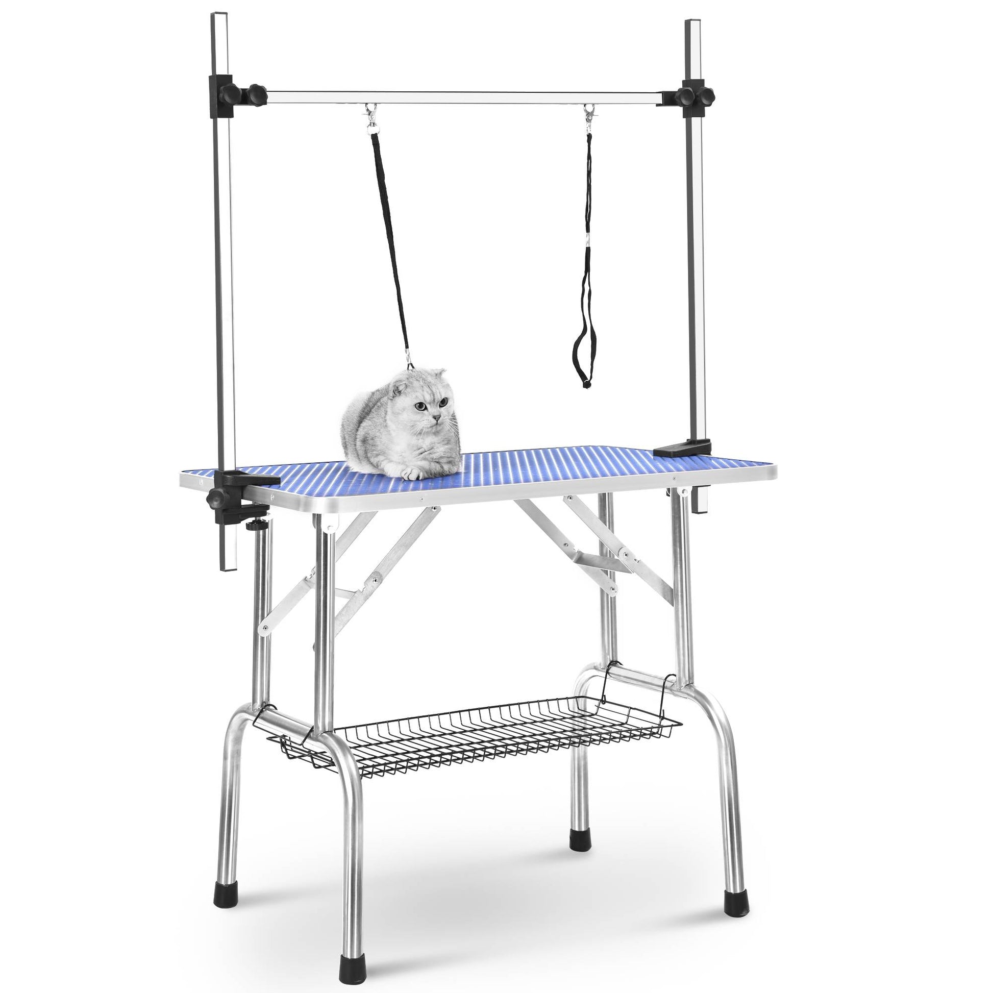 HKM-2951997 Heavy Duty Stainless Steel Folding Pet Grooming Table with Adjustable Arm and Rubber Surface