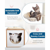 HKM-2955581 Wooden Cat Tree with Hammock, Scratching Post, and Removable Mat for Large and Small Cats