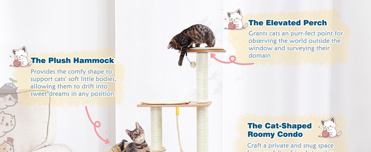 HKM-2955581 Wooden Cat Tree with Hammock, Scratching Post, and Removable Mat for Large and Small Cats