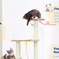 HKM-2955581 Wooden Cat Tree with Hammock, Scratching Post, and Removable Mat for Large and Small Cats