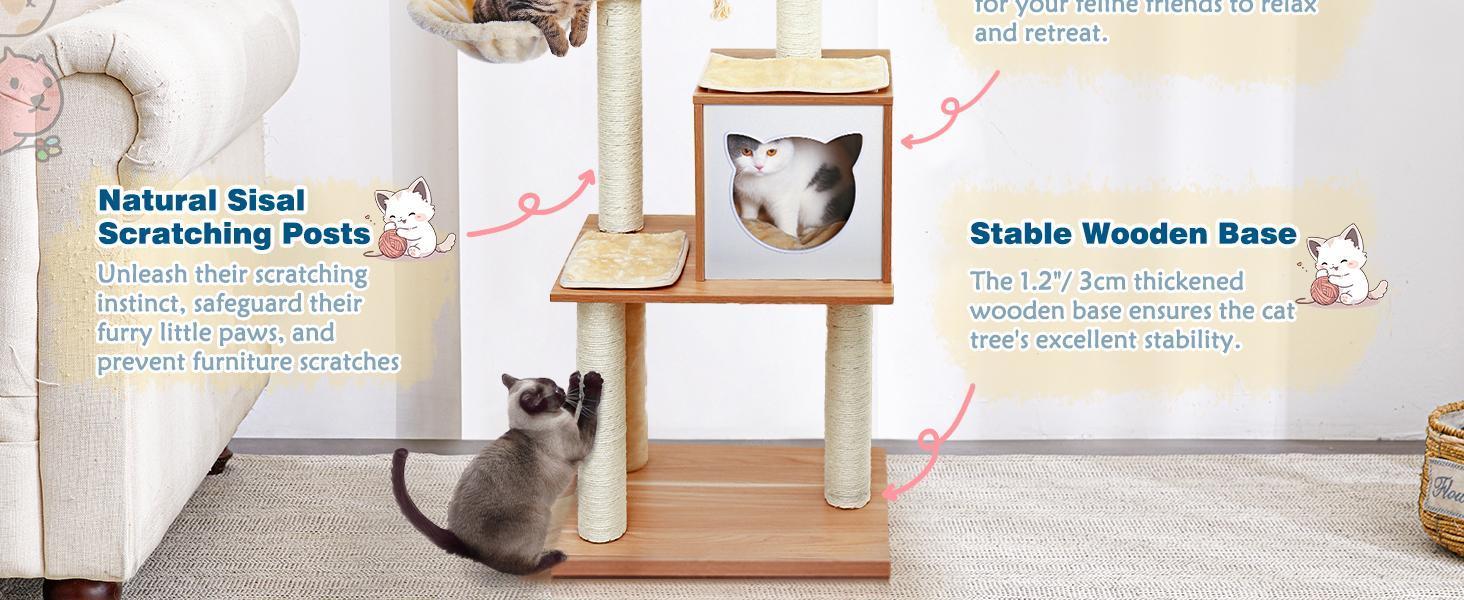 HKM-2955581 Wooden Cat Tree with Hammock, Scratching Post, and Removable Mat for Large and Small Cats