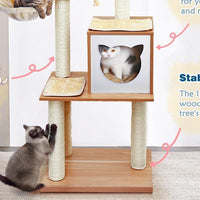 HKM-2955581 Wooden Cat Tree with Hammock, Scratching Post, and Removable Mat for Large and Small Cats