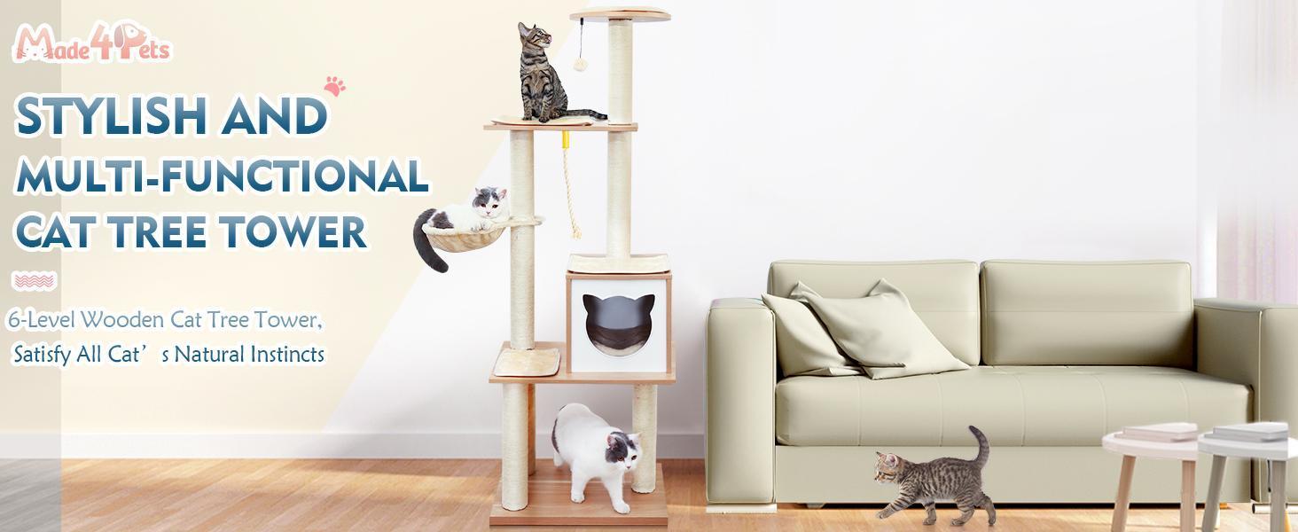 HKM-2955581 Wooden Cat Tree with Hammock, Scratching Post, and Removable Mat for Large and Small Cats