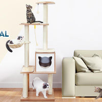 HKM-2955581 Wooden Cat Tree with Hammock, Scratching Post, and Removable Mat for Large and Small Cats