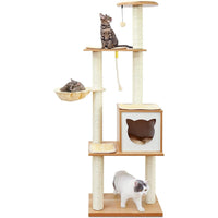 HKM-2955581 Wooden Cat Tree with Hammock, Scratching Post, and Removable Mat for Large and Small Cats