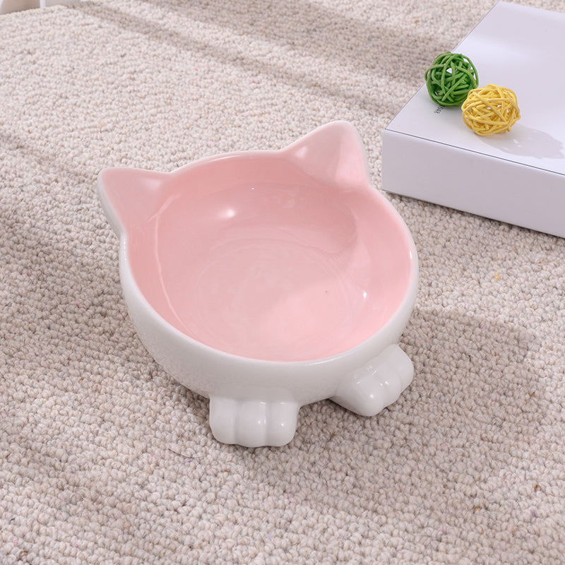 HKM-2956093 Ceramic Anti-Tip Slanted Cat Bowl in Pink, Blue, and Green Options