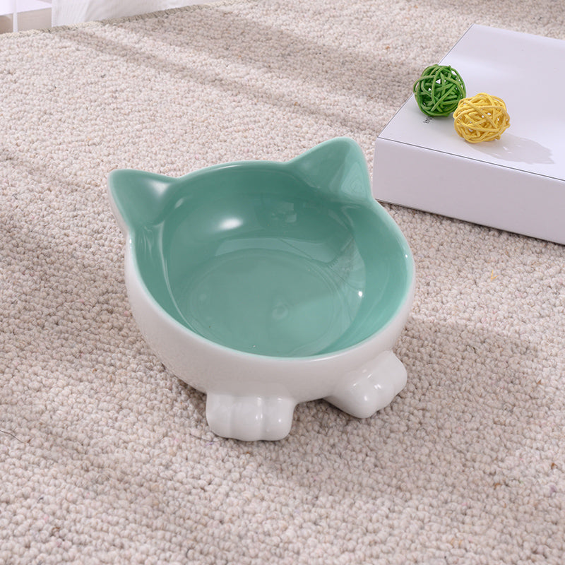 HKM-2956093 Ceramic Anti-Tip Slanted Cat Bowl in Pink, Blue, and Green Options