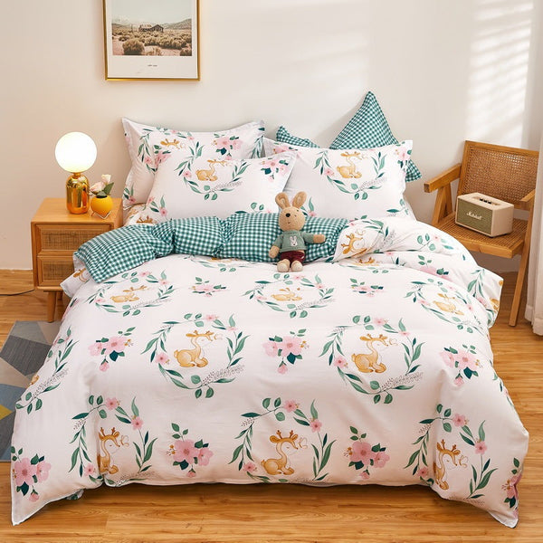 HKM-295699 Cotton Three-Piece Quilt Cover Set for Student Dormitory with Cartoon and Floral Patterns