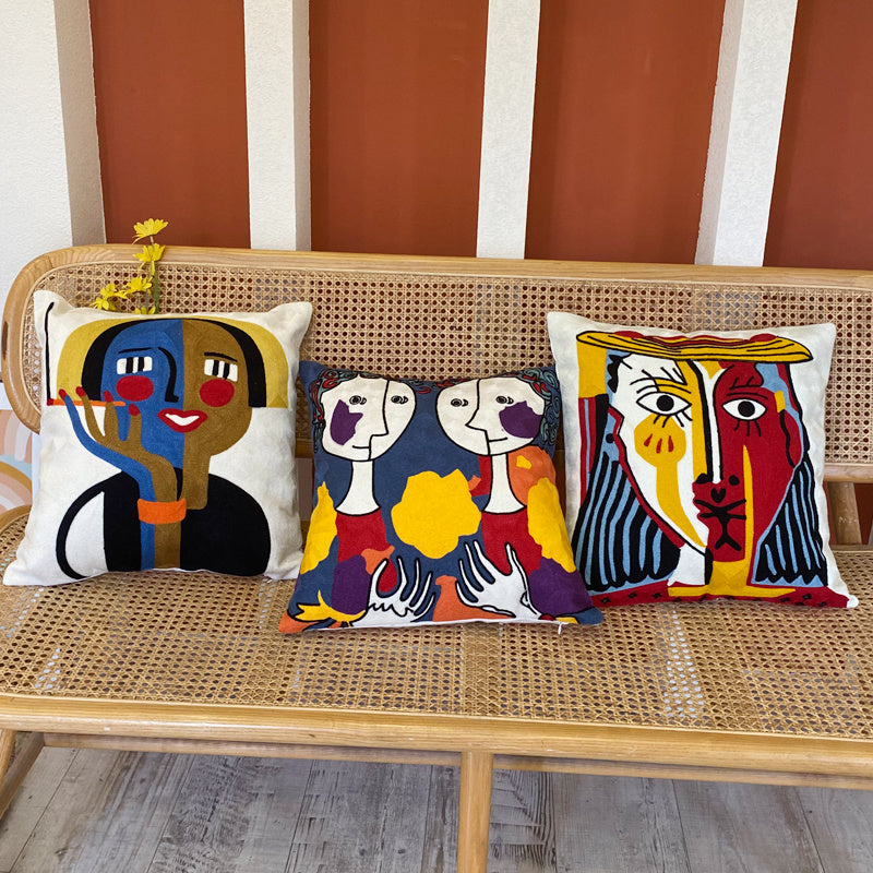 HKM-295763 Abstract Picasso-Inspired Embroidered Throw Pillowcase - 45X45 Cotton Design in Various Colors