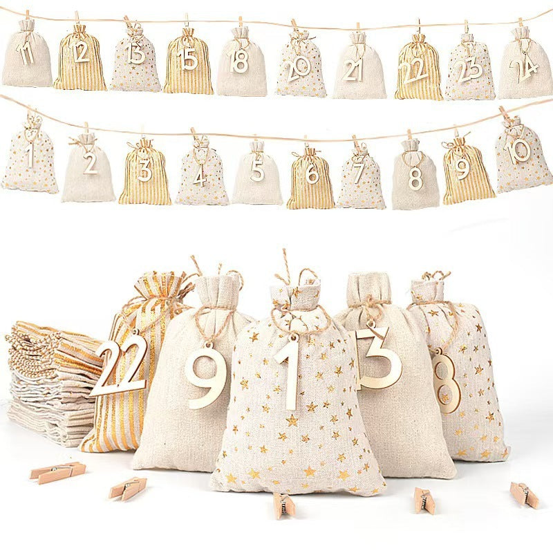 HKM-295827 Christmas Digital Tag Drawstring Bag Set with Embroidery and Clips - Cotton and Linen, 24 Bags Included