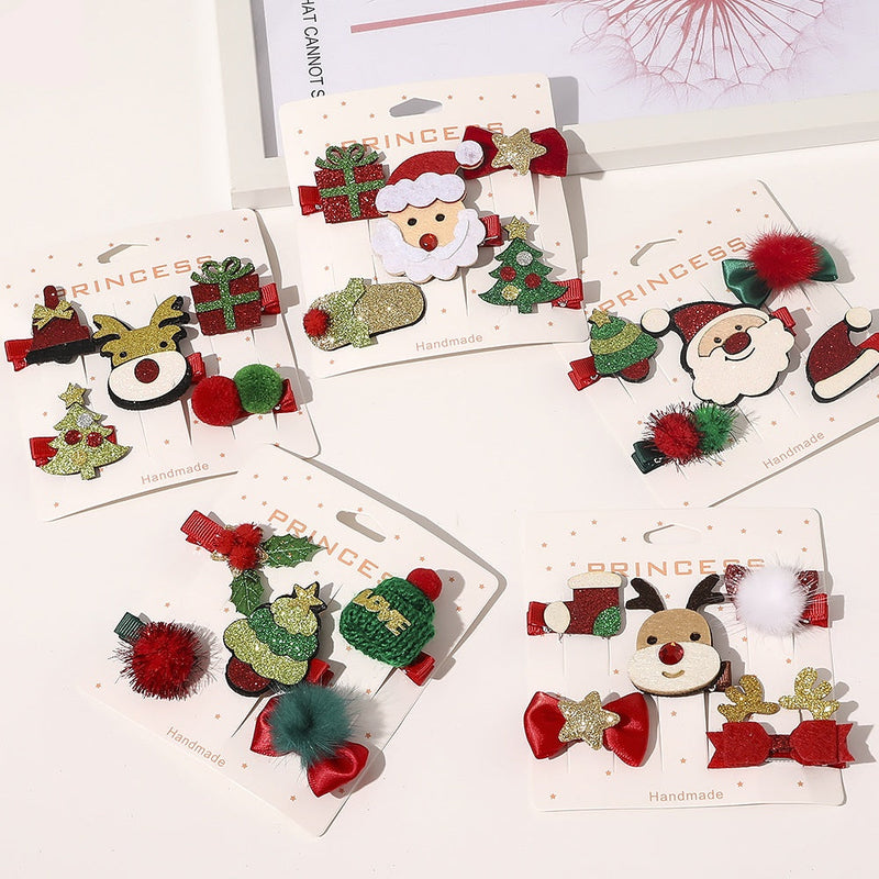 HKM-296147 Christmas-Themed Children's Hairpin Set - 5 Duck Beak Clips with Elk, Tree, Santa Designs