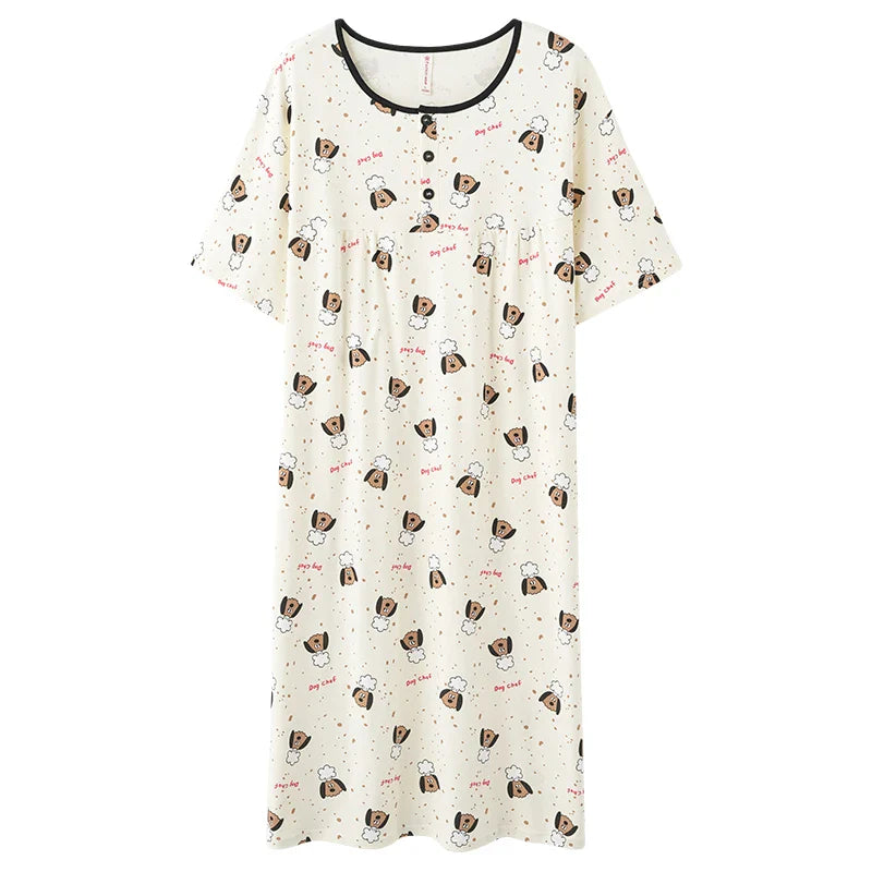 HKM-296403 New Buttons Thin Less Ladies Cotton Pajamas Summer Round Neck Short-sleeved Cartoon Women's Nightgown