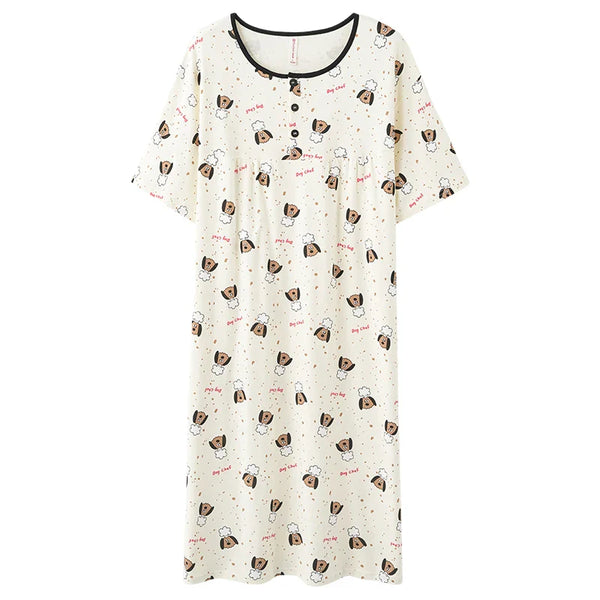 HKM-296403 New Buttons Thin Less Ladies Cotton Pajamas Summer Round Neck Short-sleeved Cartoon Women's Nightgown