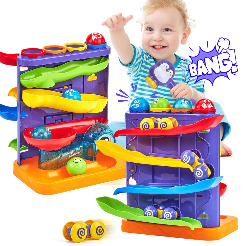 HKM-296531 2 in 1 Penguin Hammer Pounding Ball Ramp Toy for Kids, Educational Roller Coaster Play Set