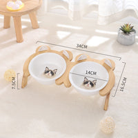 HKM-2965821 Cervical Spine Tilt Ceramic Cat Feeding Bowl with Bamboo Wood Stand - 14cm Diameter, 350ml Capacity