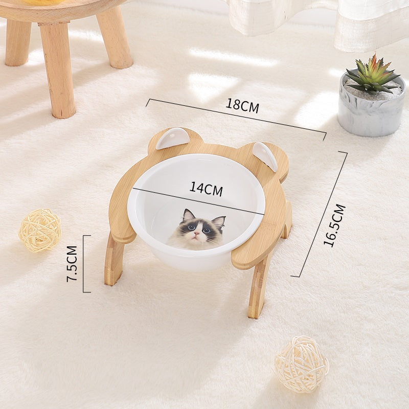 HKM-2965821 Cervical Spine Tilt Ceramic Cat Feeding Bowl with Bamboo Wood Stand - 14cm Diameter, 350ml Capacity