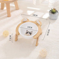 HKM-2965821 Cervical Spine Tilt Ceramic Cat Feeding Bowl with Bamboo Wood Stand - 14cm Diameter, 350ml Capacity