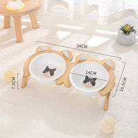 HKM-2965821 Cervical Spine Tilt Ceramic Cat Feeding Bowl with Bamboo Wood Stand - 14cm Diameter, 350ml Capacity