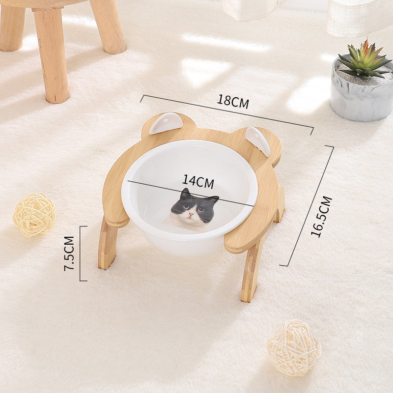HKM-2965821 Cervical Spine Tilt Ceramic Cat Feeding Bowl with Bamboo Wood Stand - 14cm Diameter, 350ml Capacity