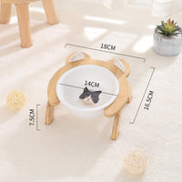 HKM-2965821 Cervical Spine Tilt Ceramic Cat Feeding Bowl with Bamboo Wood Stand - 14cm Diameter, 350ml Capacity