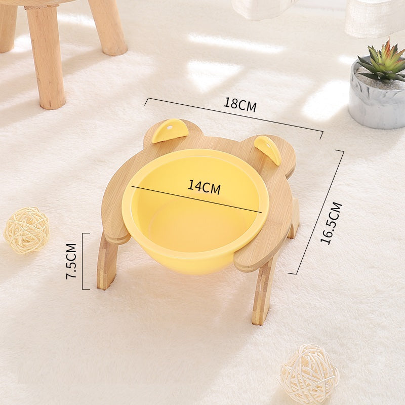 HKM-2965821 Cervical Spine Tilt Ceramic Cat Feeding Bowl with Bamboo Wood Stand - 14cm Diameter, 350ml Capacity
