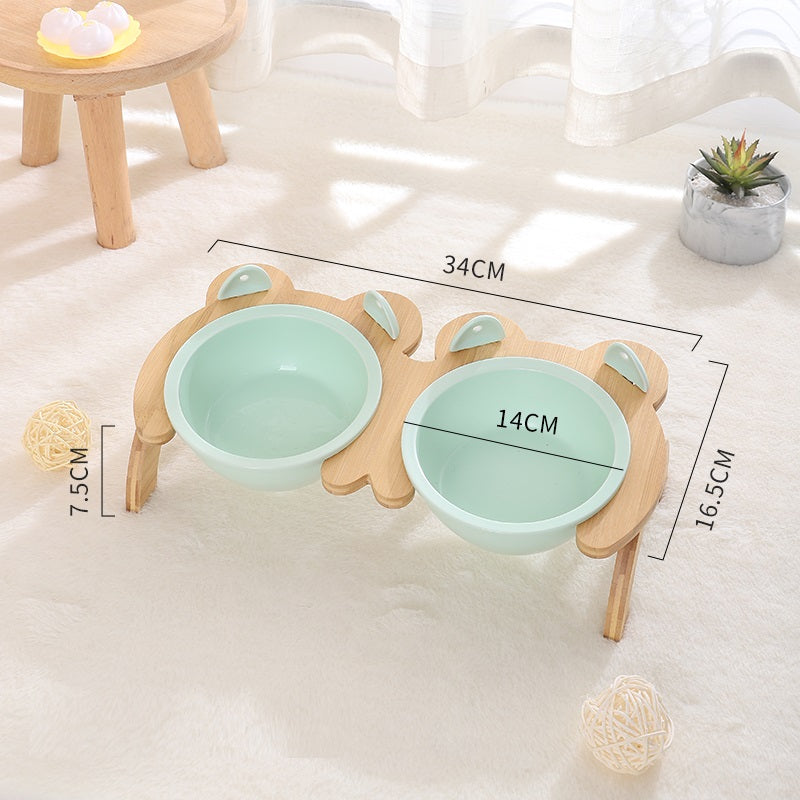 HKM-2965821 Cervical Spine Tilt Ceramic Cat Feeding Bowl with Bamboo Wood Stand - 14cm Diameter, 350ml Capacity