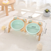 HKM-2965821 Cervical Spine Tilt Ceramic Cat Feeding Bowl with Bamboo Wood Stand - 14cm Diameter, 350ml Capacity