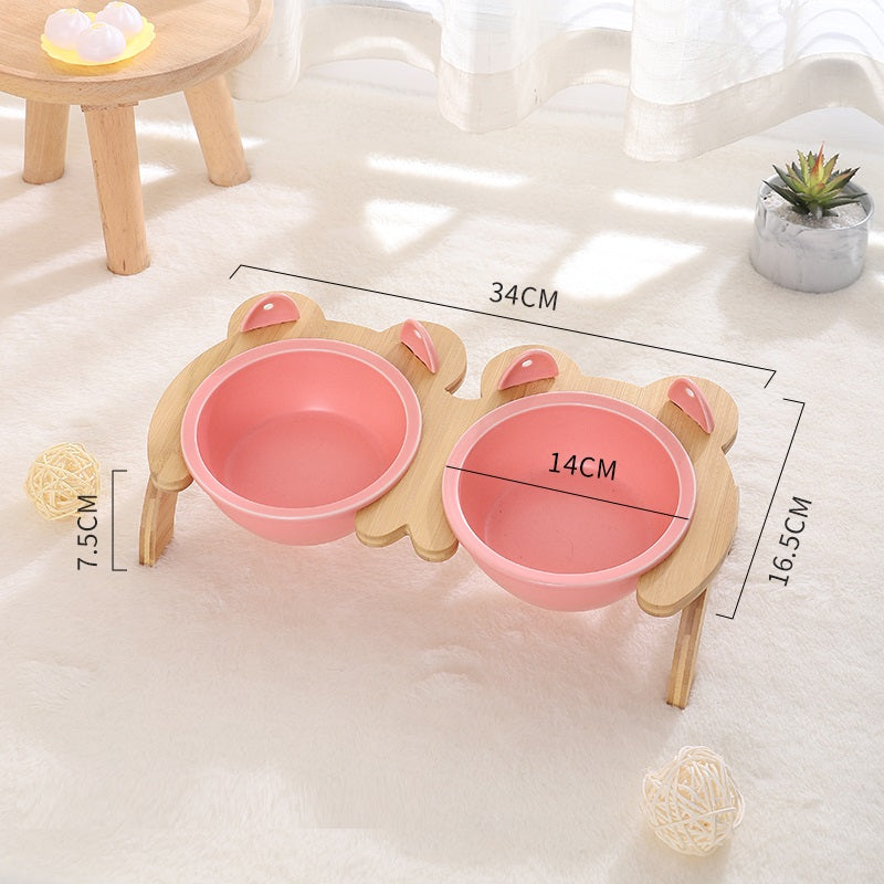 HKM-2965821 Cervical Spine Tilt Ceramic Cat Feeding Bowl with Bamboo Wood Stand - 14cm Diameter, 350ml Capacity