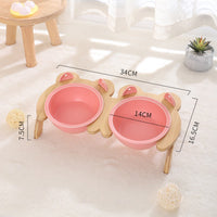 HKM-2965821 Cervical Spine Tilt Ceramic Cat Feeding Bowl with Bamboo Wood Stand - 14cm Diameter, 350ml Capacity