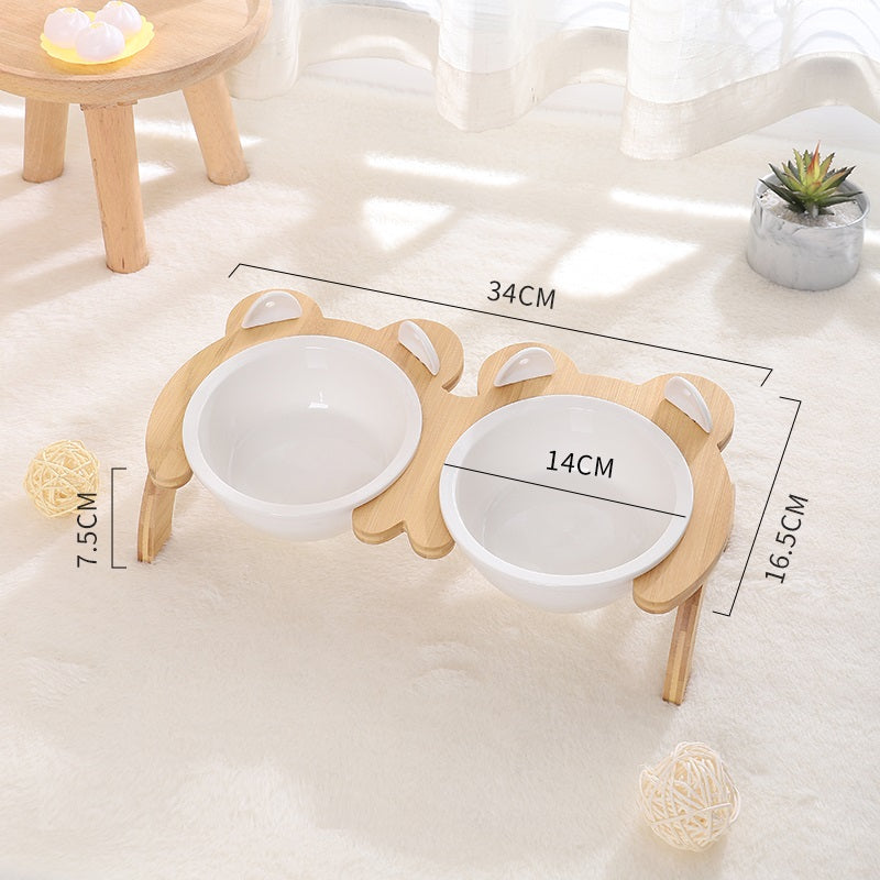HKM-2965821 Cervical Spine Tilt Ceramic Cat Feeding Bowl with Bamboo Wood Stand - 14cm Diameter, 350ml Capacity