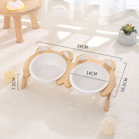 HKM-2965821 Cervical Spine Tilt Ceramic Cat Feeding Bowl with Bamboo Wood Stand - 14cm Diameter, 350ml Capacity