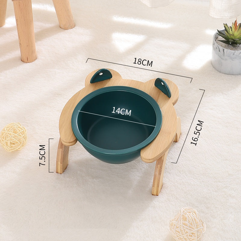 HKM-2965821 Cervical Spine Tilt Ceramic Cat Feeding Bowl with Bamboo Wood Stand - 14cm Diameter, 350ml Capacity