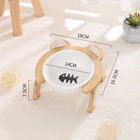 HKM-2965821 Cervical Spine Tilt Ceramic Cat Feeding Bowl with Bamboo Wood Stand - 14cm Diameter, 350ml Capacity