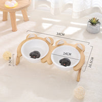 HKM-2965821 Cervical Spine Tilt Ceramic Cat Feeding Bowl with Bamboo Wood Stand - 14cm Diameter, 350ml Capacity