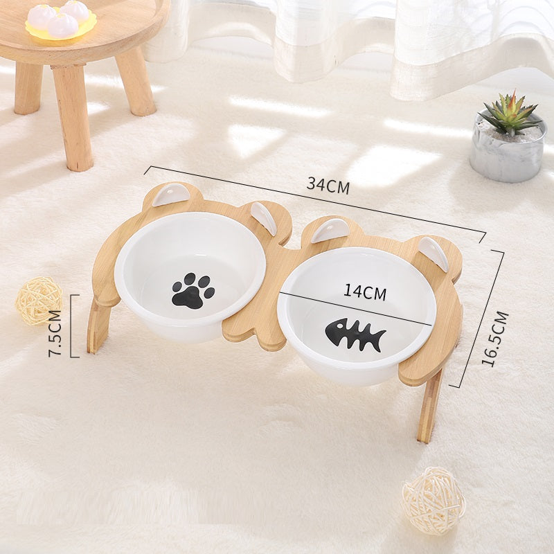HKM-2965821 Cervical Spine Tilt Ceramic Cat Feeding Bowl with Bamboo Wood Stand - 14cm Diameter, 350ml Capacity