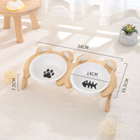HKM-2965821 Cervical Spine Tilt Ceramic Cat Feeding Bowl with Bamboo Wood Stand - 14cm Diameter, 350ml Capacity