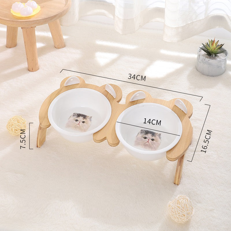 HKM-2965821 Cervical Spine Tilt Ceramic Cat Feeding Bowl with Bamboo Wood Stand - 14cm Diameter, 350ml Capacity