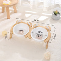 HKM-2965821 Cervical Spine Tilt Ceramic Cat Feeding Bowl with Bamboo Wood Stand - 14cm Diameter, 350ml Capacity