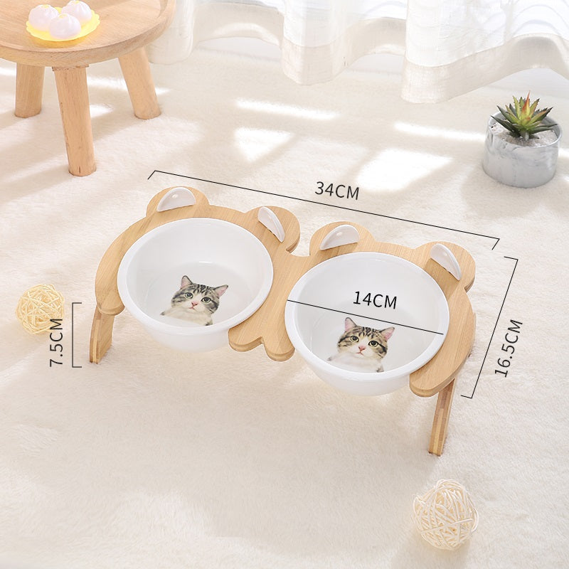 HKM-2965821 Cervical Spine Tilt Ceramic Cat Feeding Bowl with Bamboo Wood Stand - 14cm Diameter, 350ml Capacity