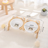 HKM-2965821 Cervical Spine Tilt Ceramic Cat Feeding Bowl with Bamboo Wood Stand - 14cm Diameter, 350ml Capacity