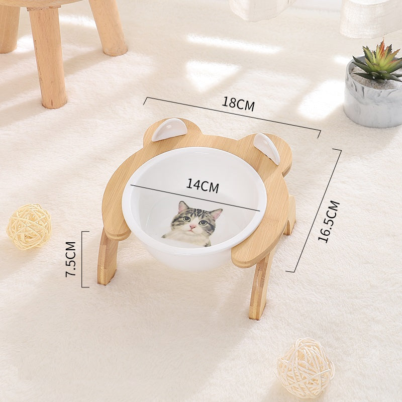 HKM-2965821 Cervical Spine Tilt Ceramic Cat Feeding Bowl with Bamboo Wood Stand - 14cm Diameter, 350ml Capacity